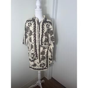 NWT Commense Off White Brown Mini Skirt Set with Half Sleeve Button Up Top Sz M